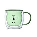 Green bear face double wall glass mug with handle