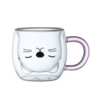 Clear cat face double wall mug with lavender handle