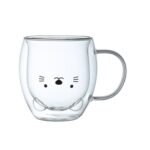White cat face double wall glass mug with handle