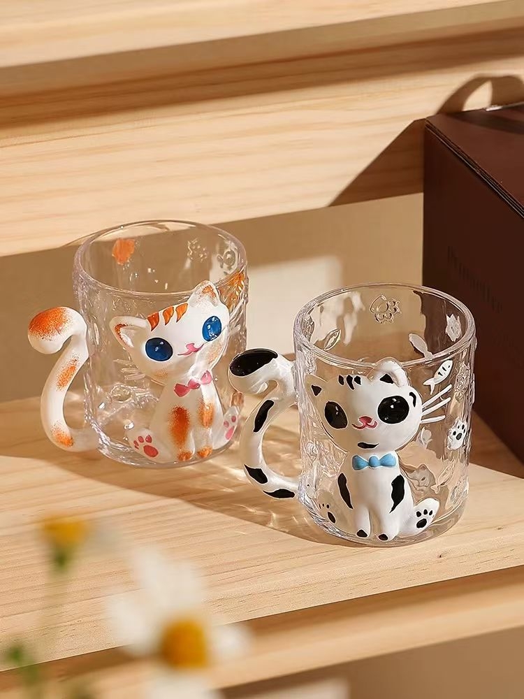 Handmade crystal glass mugs with cat decals and gold handles