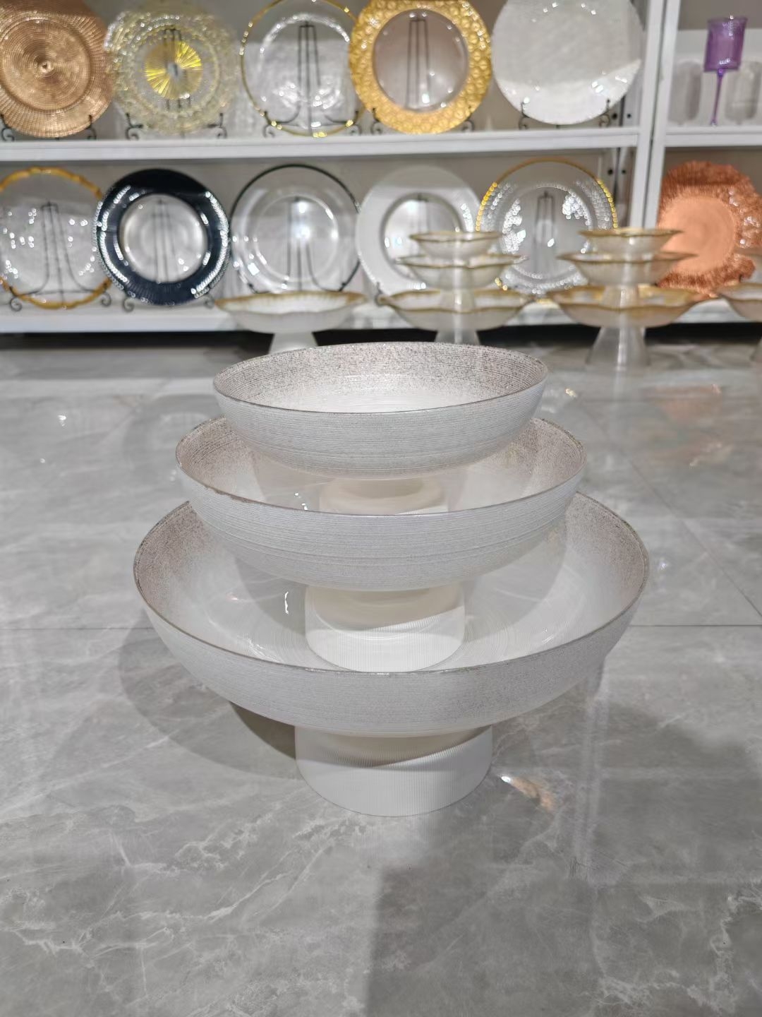 Handmade frosted glass footed bowl tiered stand, showroom display